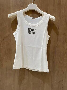 Miu Miu Logo Embroidered Rib Knit White Tank Top New With Tags